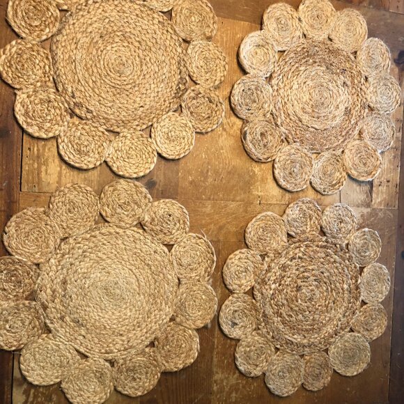 Set of 4 100% Jute Round Dining Placemats Boho Coastal - New